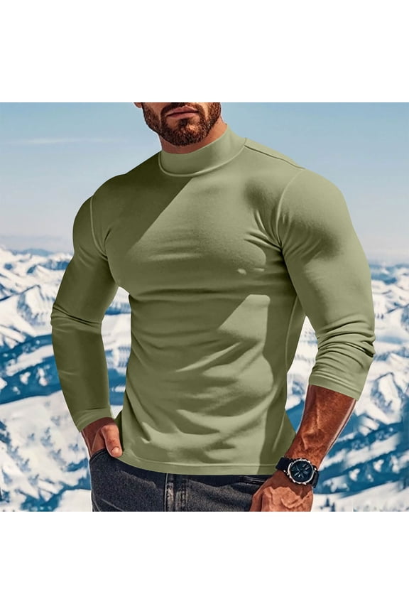 Men's Winter Solid Color Medium High Neck DesignLong Sleeved Round Neck Top,Green,Big and Tall Men S