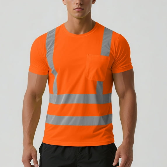 DPTALR Men's Yellow Size L Class,Work Short Sleeve Mesh Safety T-Shirts with 4 Reflective Strips and Pocket,Quick Dry,Orange,Size L