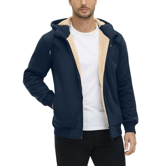 DPTALR George Men's Zip Up Sherpa Lined Hoodies,Thick Fleece Heavyweight Jacket,Windproof Thermal Zipper Sweatshirt,Dark Blue,Big and Tall Men L
