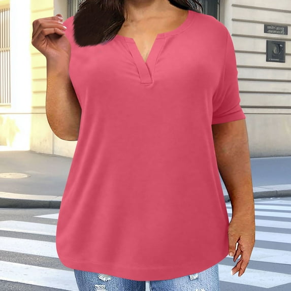 DPTALR George Plus Size Women’s V-Neck Short Sleeve T-Shirts,12 Colors: Soft,Breathable & Casual Loose Fit Tops,Hot Pink,Size XXXXL