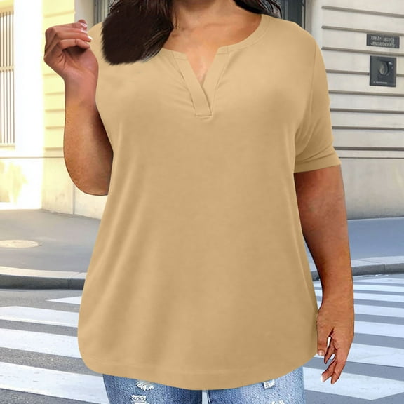 DPTALR George Plus Size Women’s V-Neck Short Sleeve T-Shirts,12 Colors: Soft,Breathable & Casual Loose Fit Tops,Khaki,Size XL