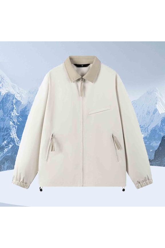 George Unisex Solid Color Casual Outdoor Zipper Pocket Long Sleeve Lapel Mountaineering Jacket,Beige Big and Tall Men XXL