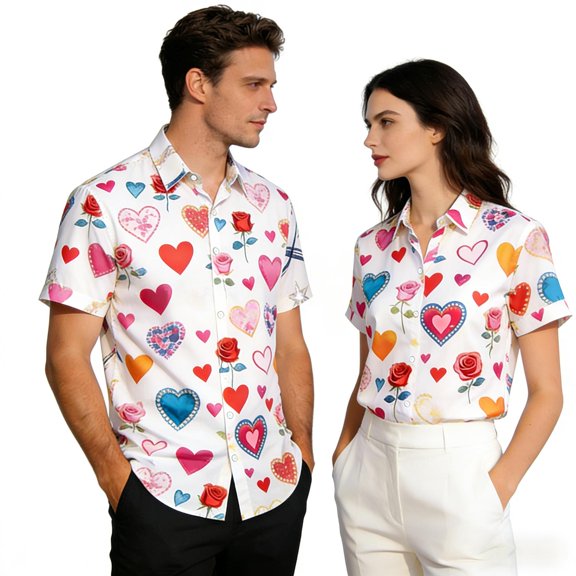 DPTALR George Unisex Valentine's Day Printed Button Shirt Short Sleeve Turndown Collar Fashion Casual Style,Multicolor,Big and Tall Man L