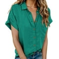 thumbnail image 1 of DPTALR George Women's 2025 Spring/Summer Short Sleeve V-Neck Collared Button Down Trendy Shirts,Green,Size M, 1 of 9