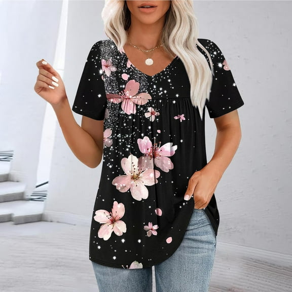 DPTALR George Women's 2025 Summer Scoop Neck Short Sleeve Flowy Blouses - Loose Fit,Casual & Comfy,Black,Size XXL