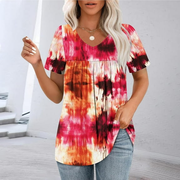 DPTALR George Women's 2025 Summer Scoop Neck Short Sleeve Flowy Blouses - Loose Fit,Casual & Comfy,Red,Size XXL