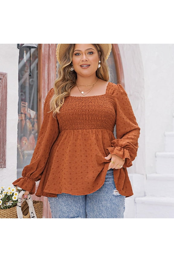 George Women's 2025 Trendy Fall Long Sleeve Blouses,Textured Lace Floral Design,Dressy Casual Work Tops,Shirts,#Orange,Size XXXL