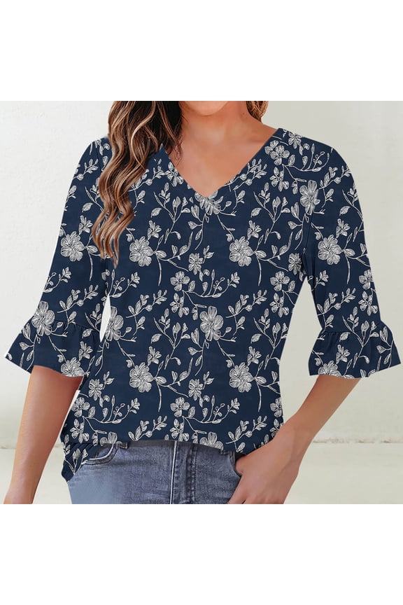 George Women's 3/4-Length Sleeve V-Neck Casual Loose Fit Tunic Blouses,Blue,Size L