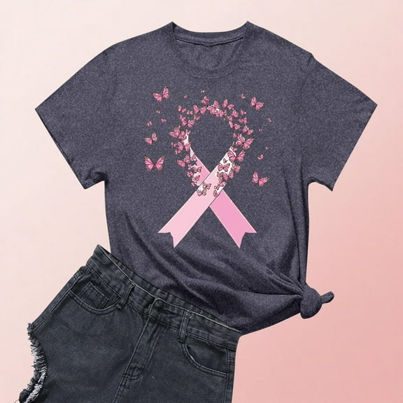 DPTALR George Women's Breast Cancer Awareness T-Shirts,Pink Ribbon,Hope Graphic Tees with multiple styles available,#Dark Gray,Size L