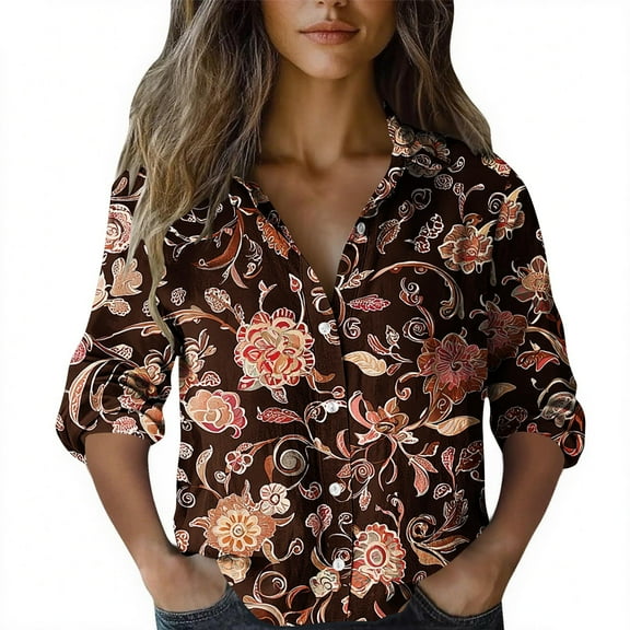 DPTALR George Women's Casual Loose Fit Long Sleeve Printed Button-Down Collar Shirt,Coffee,Size L