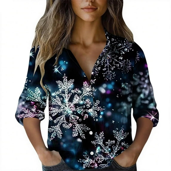 DPTALR George Women's Casual Loose Fit Long Sleeve Printed Button-Down Collar Shirt,Navy,Size XXXL