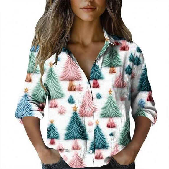 DPTALR George Women's Casual Loose Fit Long Sleeve Printed Button-Down Collar Shirt,White,Size XXXXL