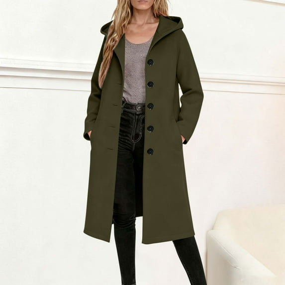 DPTALR George Women's Casual Warm Solid Color Hooded Wool Coat with Pockets and Buttons for Winter,Army Green,Size M