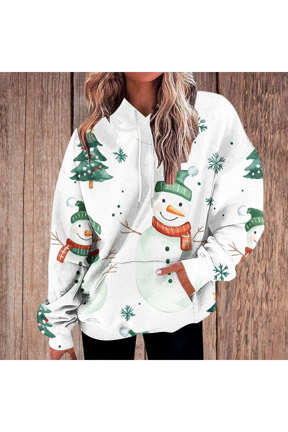 George Women's Christmas-Themed Loose Long Sleeve Hooded Pullover Sweatshirt,White,Size M