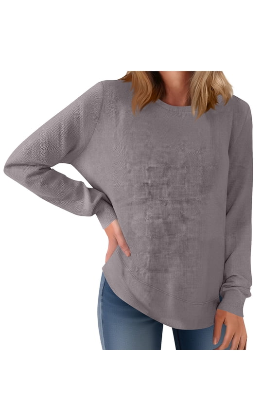 George Women's Crew Neck Long Sleeve Shirts,Waffle Knit Loose Tops,2025 Casual Comfy Fall Basic Tees,Gray,Size XL