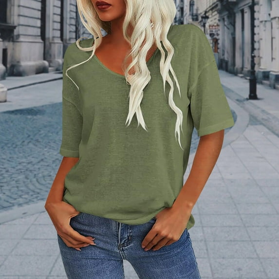 DPTALR George Women's Fashion V-Neck Half Sleeve Oversized T-Shirts,Solid Color,Casual Loose Basic Tops,#Army Green,Size XXL