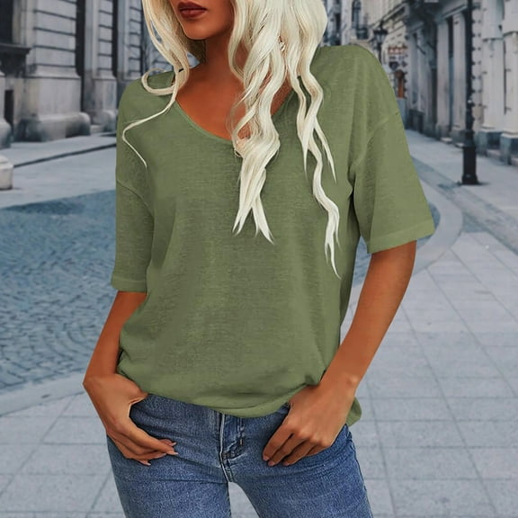 DPTALR George Women's Fashion V-Neck Half Sleeve Oversized T-Shirts,Solid Color,Casual Loose Basic Tops,#Army Green,Size XXL