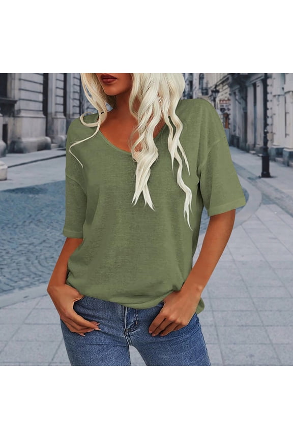 George Women's Fashion V-Neck Half Sleeve Oversized T-Shirts,Solid Color,Casual Loose Basic Tops,#Army Green,Size XXXL