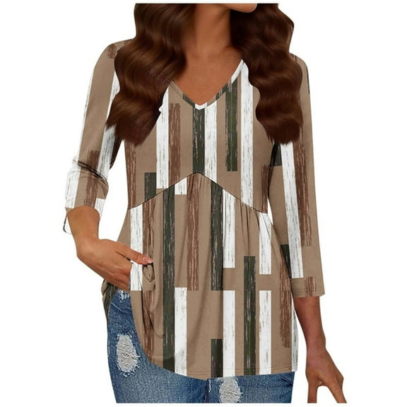 DPTALR George Women's Fashionable Casual Print V-Neck Slim 3/4-Sleeve Tops for Fall,Brown,Size XL