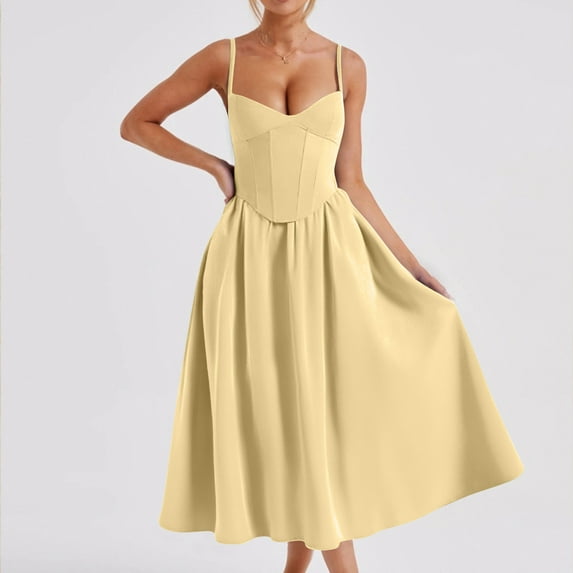 DPTALR George Women's Floral Corset Dress, Boho, Spaghetti Strap, Lace Up, Casual, Midi, with Pockets, Low Cut, Flowy, Bustier Sundress,#Yellow,Size XS