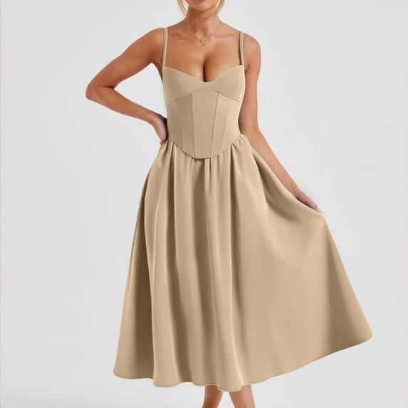 DPTALR George Women's Floral Corset Dress, Boho, Spaghetti Strap, Lace Up, Casual, Midi, with Pockets, Low Cut, Flowy, Bustier Sundress,#Khaki,Size M
