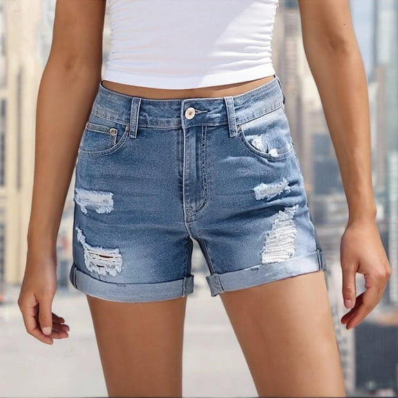 DPTALR George Women's High Waisted Distressed Denim Shorts,Rolled Hem,Ripped,#Blue,Size M