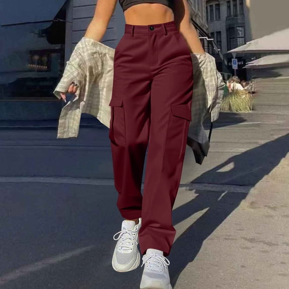DPTALR George Women's High Waisted Wide Leg Cargo Pants,Y2k Streetwear Casual Trousers,Wine,Size S