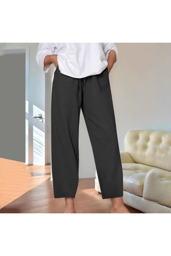 George Women's Long Linen Palazzo Pants,Lightweight High Waisted Summer Pants,for Tall Ladies,Black,Size XL