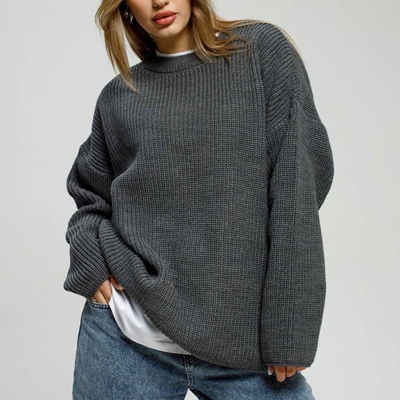DPTALR George Women's Long Sleeve Loose Solid Color Round Neck Knitted Pullover Sweater,Dark Gray,Big and Tall Men XL