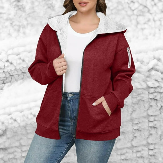 DPTALR George Women's Plus Size Solid Color Zip-Up Hooded Fleece-Thickened,Red,Big and Tall Men XXXL