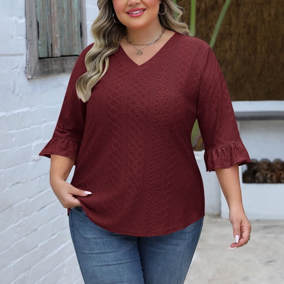 DPTALR George Women's Plus Size V Neck Tops,Dressy 3/4 Length Ruffle Sleeve T-Shirts,Trendy Eyelet Blouses,Casual Loose Tunics,Wine,Size XXXXXL