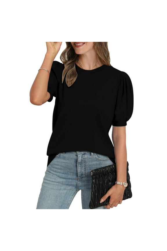 George Women's Puff Short Sleeve 2025 Spring Summer Business Casual Work Blouses,Black,Size XXL