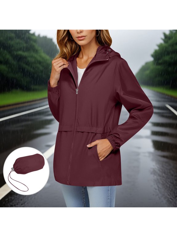 George Women's Rainproof Hooded Zipper Pocket Long Sleeve Jacket,Wine,Size M