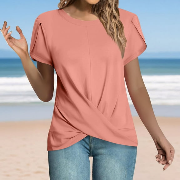 DPTALR George Women's Short Sleeve Crew Neck Front Twist Tunic Tops - Casual Loose Fit,Pink,Size XL