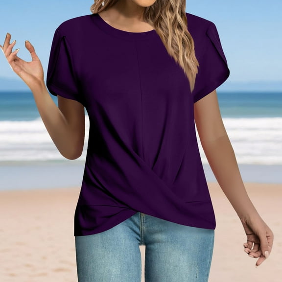 DPTALR George Women's Short Sleeve Crew Neck Front Twist Tunic Tops - Casual Loose Fit,Purple,Size XL