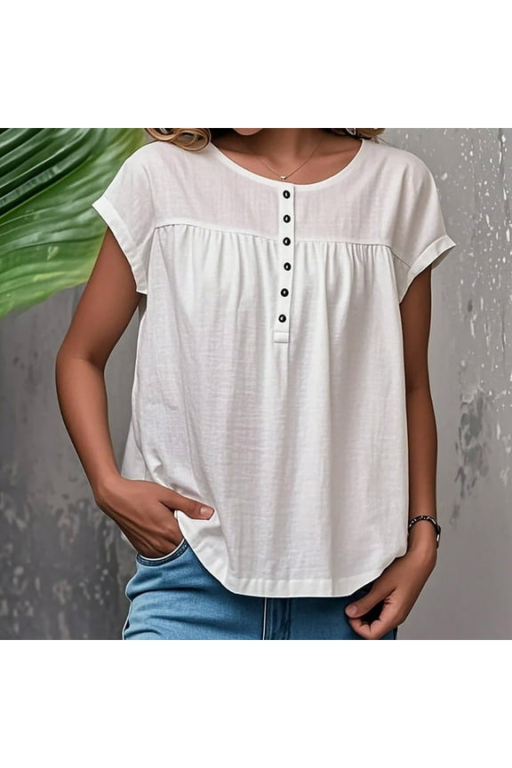 George Women's Solid Button-Down Loose Fit Blouse T-Shirt,White,Size L