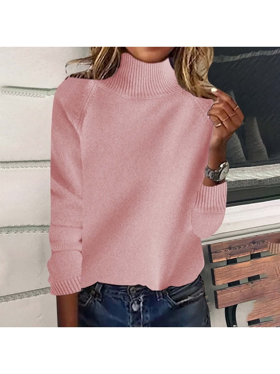 George Women's Solid Color Lazy Style Thick Stand-Up Collar Shoulder-Inserted Loose Base Wool Sweater,Pink,Big and Tall Men L