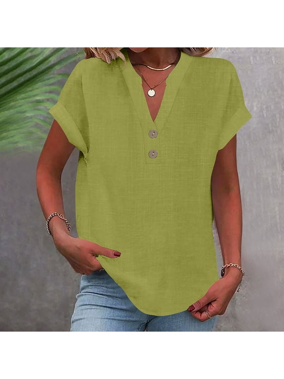 George Women's Solid V-Neck Loose Button-Down Blouse T-Shirt,Army Green,Size XL