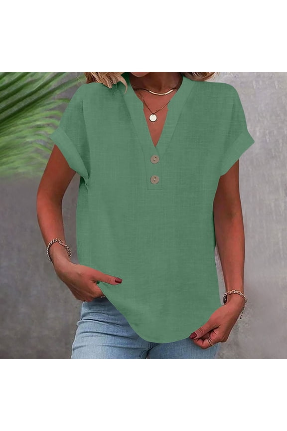 George Women's Solid V-Neck Loose Button-Down Blouse T-Shirt,Green,Size M