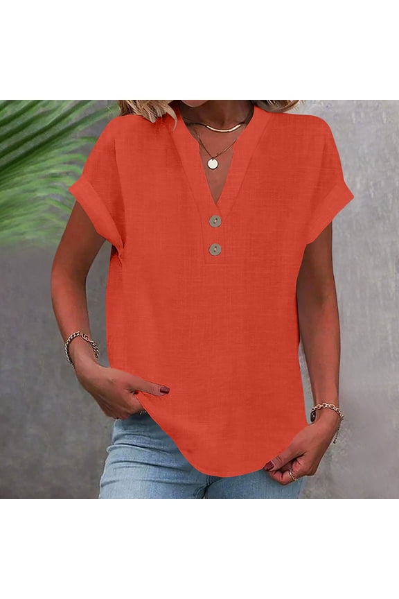 George Women's Solid V-Neck Loose Button-Down Blouse T-Shirt,Orange,Size XL