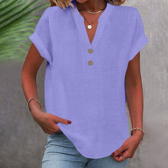 DPTALR George Women's Solid V-Neck Loose Button-Down Blouse T-Shirt,Purple,Size XXXXL