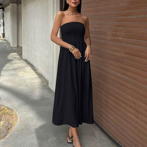 DPTALR George Women's Strapless Linen Maxi Dress,#Black,Size M