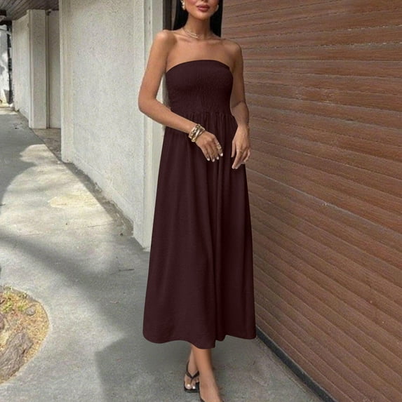 DPTALR George Women's Strapless Linen Maxi Dress,#Coffee,Size L