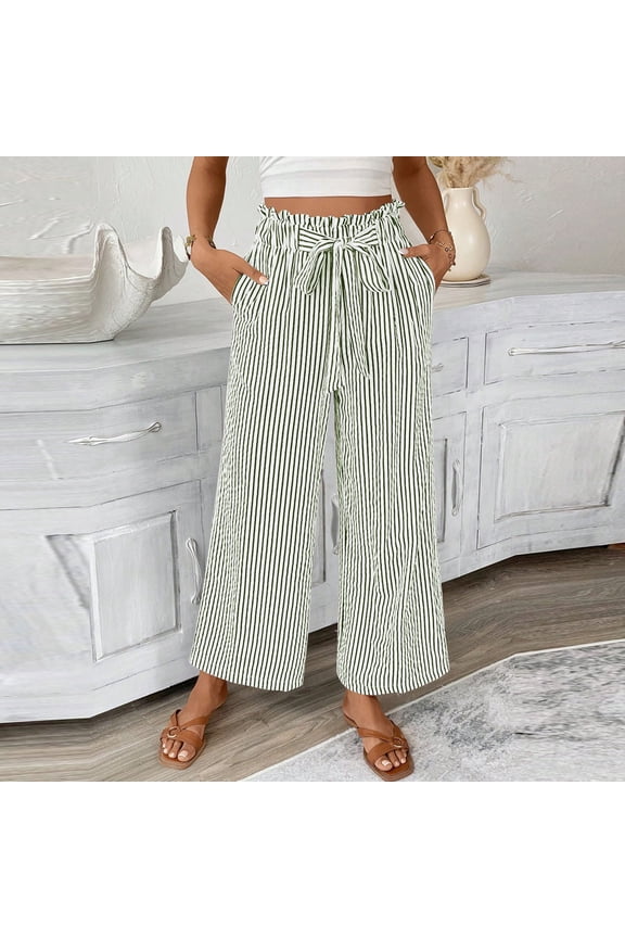 George Women's Striped Wide Leg Linen Pants,Lightweight High Waisted with Drawstring,Comfy Lounge Trousers with Pockets,Army Green,Size XXL