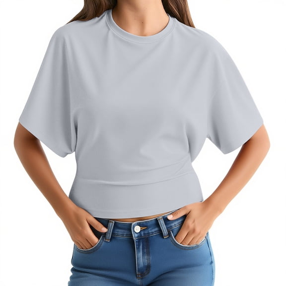DPTALR George Women's Summer Solid Color Half Sleeve Cropped T-Shirts,Drop Shoulder,Round Neck,Casual Basic Crop Tops,#Gray,Size XS
