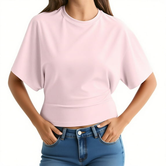 DPTALR George Women's Summer Solid Color Half Sleeve Cropped T-Shirts,Drop Shoulder,Round Neck,Casual Basic Crop Tops,#Pink,Size XS