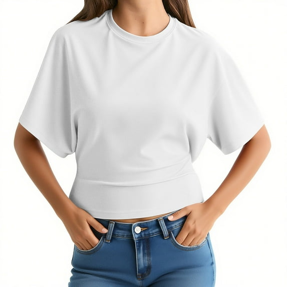 DPTALR George Women's Summer Solid Color Half Sleeve Cropped T-Shirts,Drop Shoulder,Round Neck,Casual Basic Crop Tops,#White,Size XL