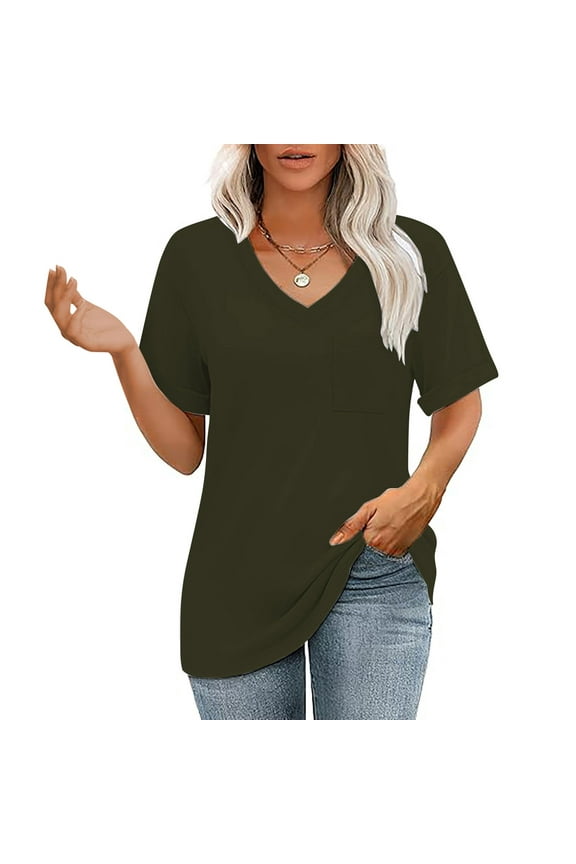 George Women's Summer Spring Short Sleeve V Neck Tees,Cute Business Casual Vacation Basic Tops,Trendy Fashion,Army Green,Size XXL