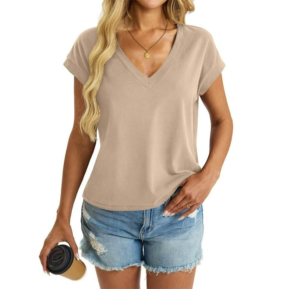 DPTALR George Women's Summer V-Neck Short Sleeve T-Shirts,Dressy Casual Loose Fit Cute Trendy Fashion Tops,Beige,Size XL