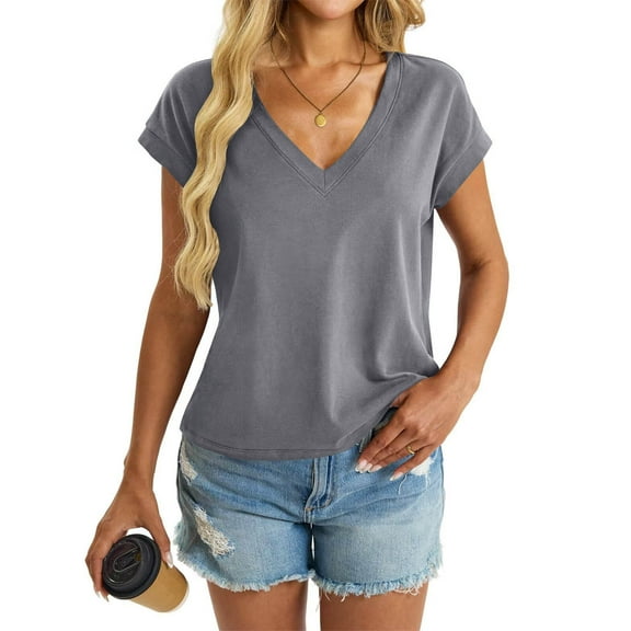 DPTALR George Women's Summer V-Neck Short Sleeve T-Shirts,Dressy Casual Loose Fit Cute Trendy Fashion Tops,Gray,Size XL